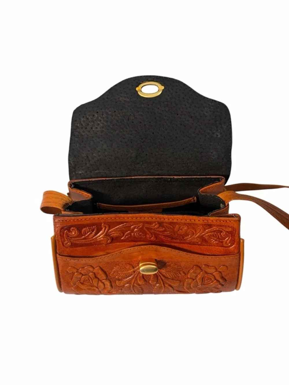 Vintage Cross body Bag Made In Mexico Brown Leather Horse Hair Rose Purse